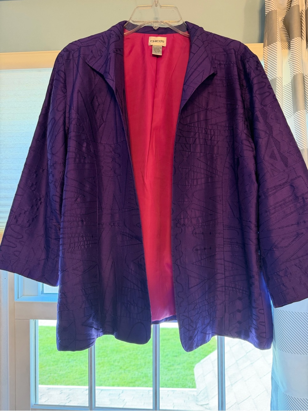 Chico's Purple Textured Open-Front Silk Jacket with Pink Lining